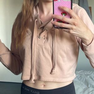 Cropped Light Pink Lace-Up Hoodie